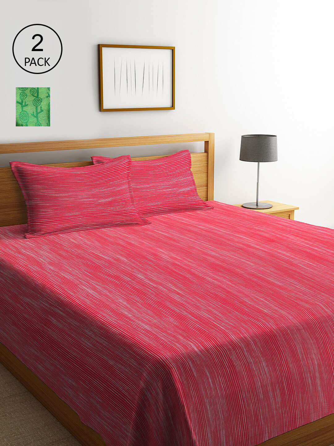 

KLOTTHE Set Of 2 Striped Double King Bed Covers With 4 Pillow Covers, Green