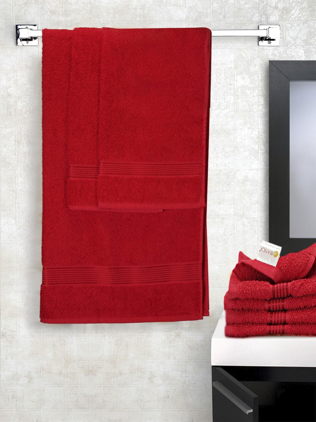 KOPA Unisex Set Of 7 Solid 380 GSM Cotton Towels, Red