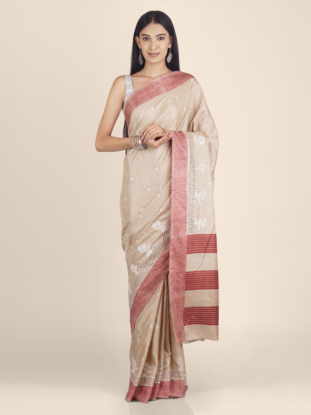 

KAJREE Beige & Pink Pure Linen Woven Design Handloom Saree