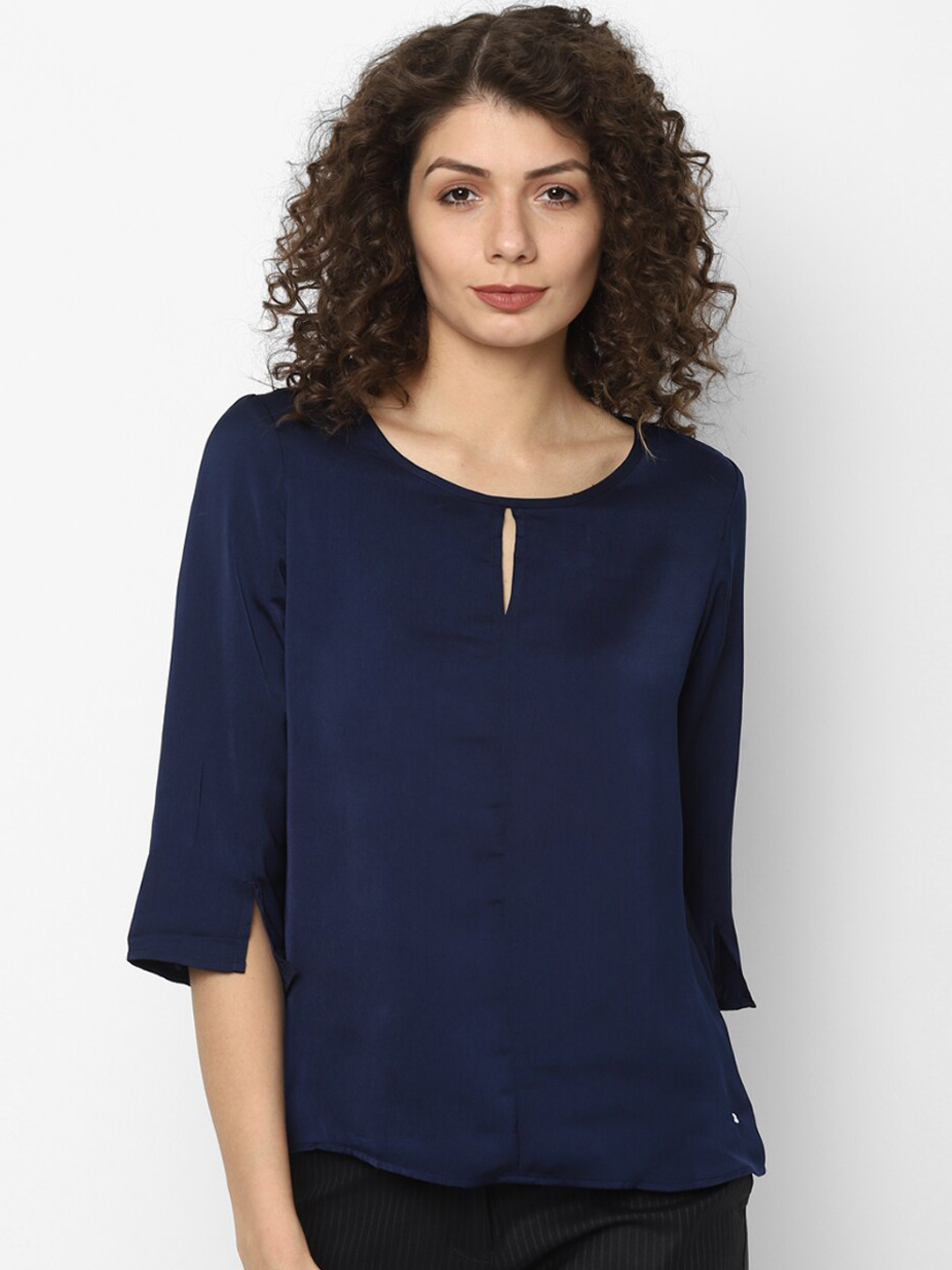 

Allen Solly Woman Navy Blue Keyhole Neck Regular Top