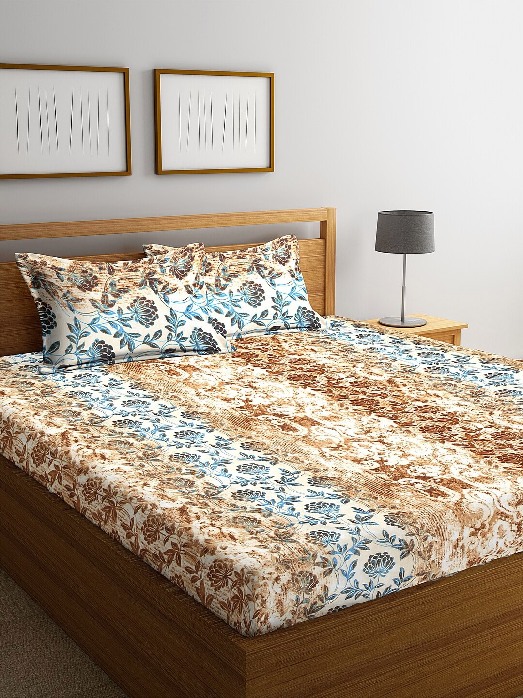 

KLOTTHE Beige & Blue Floral 210 TC Polycotton 1 King Bedsheet with 2 Pillow Covers