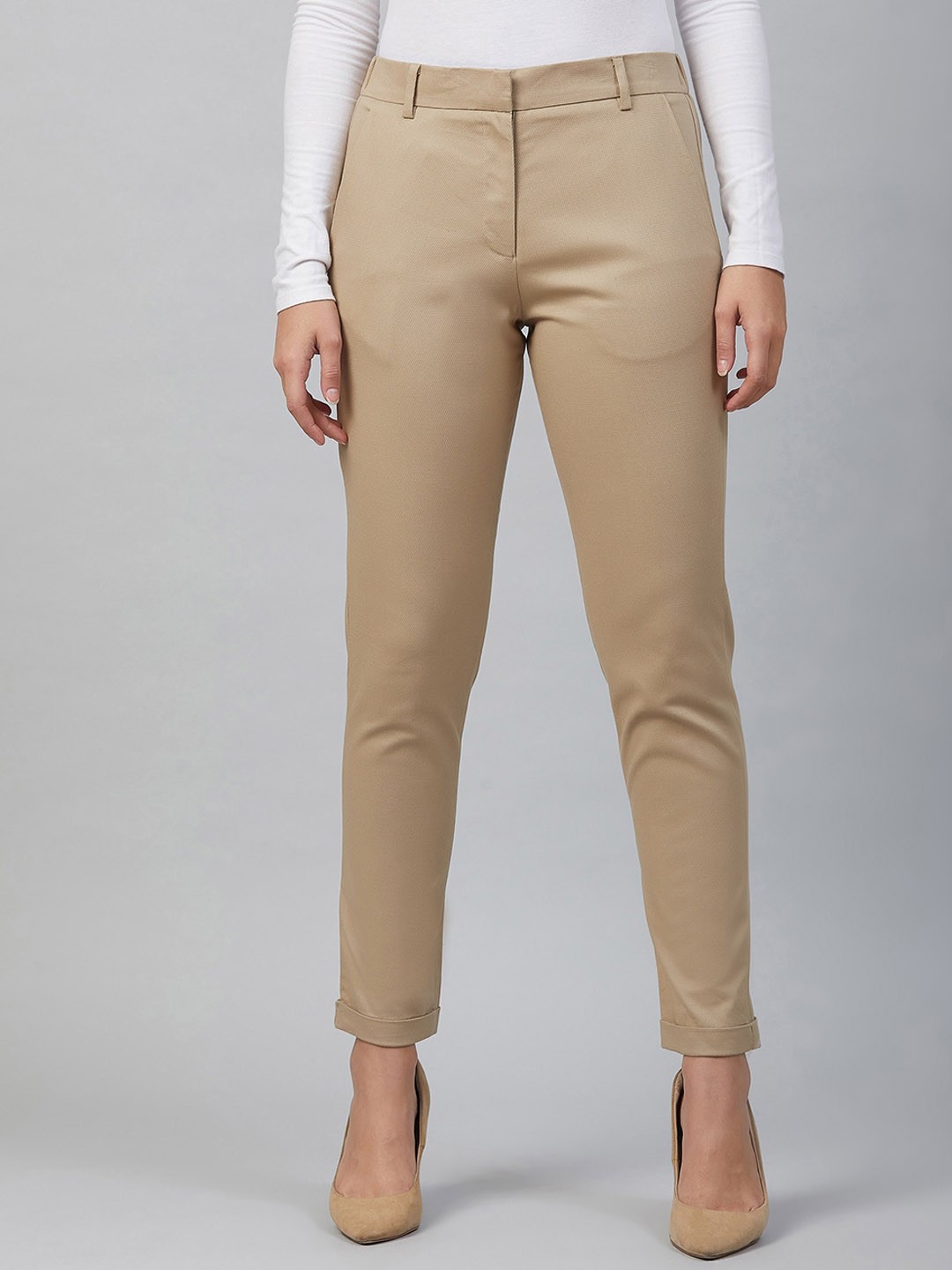 

Marie Claire Women Beige Regular Fit Solid Regular Trousers
