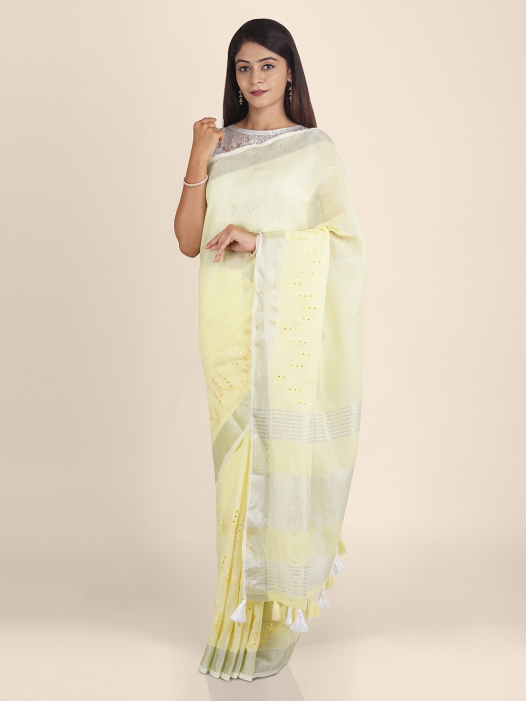 

KAJREE Yellow Woven Design Silk Blend Saree