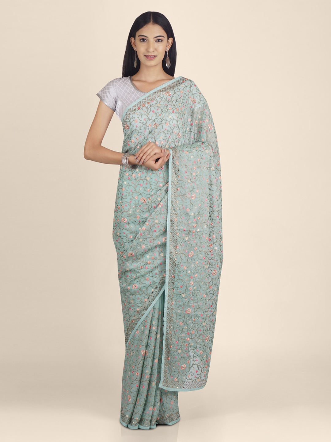 

KAJREE Sea Green Poly Chiffon Embroidered Handloom Baluchari Saree