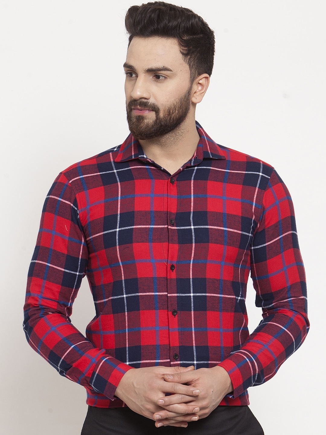 Purple State Men Red Slim Fit Checked Casual Shirt