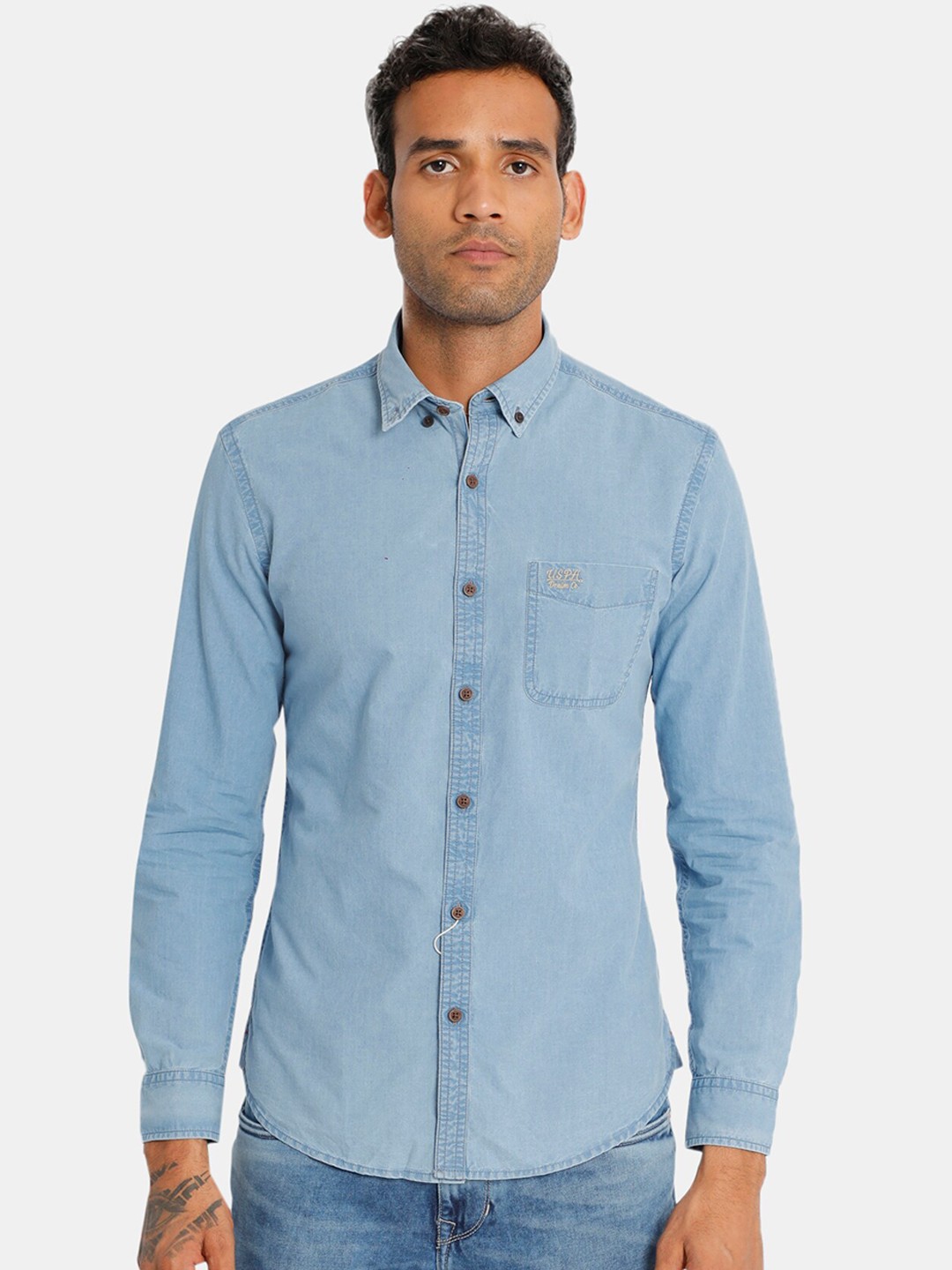 

U.S. Polo Assn. Men Blue Regular Fit Solid Cotton Casual Shirt