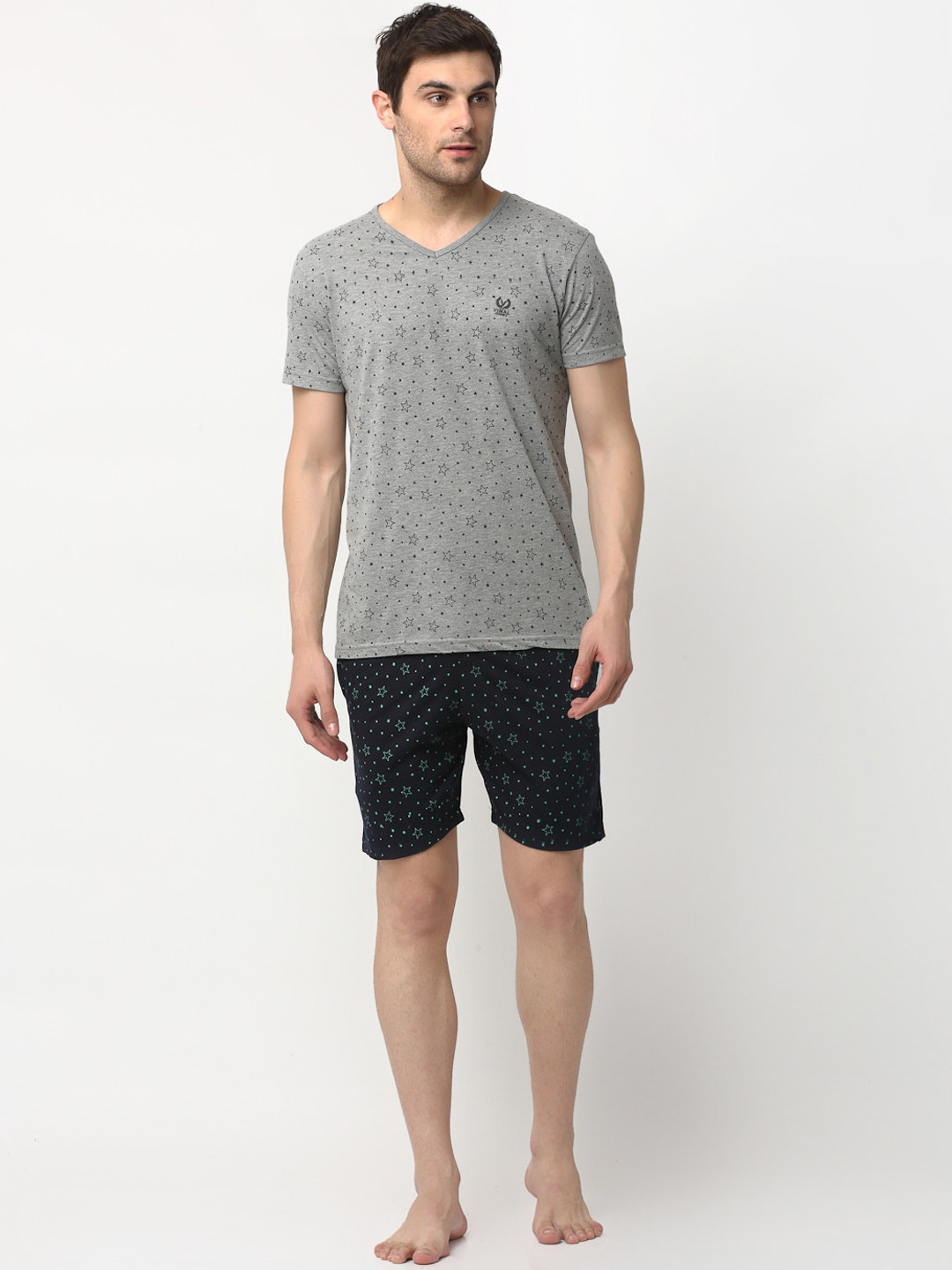 

VIMAL JONNEY Men Grey Melange & Black Printed Night Suit