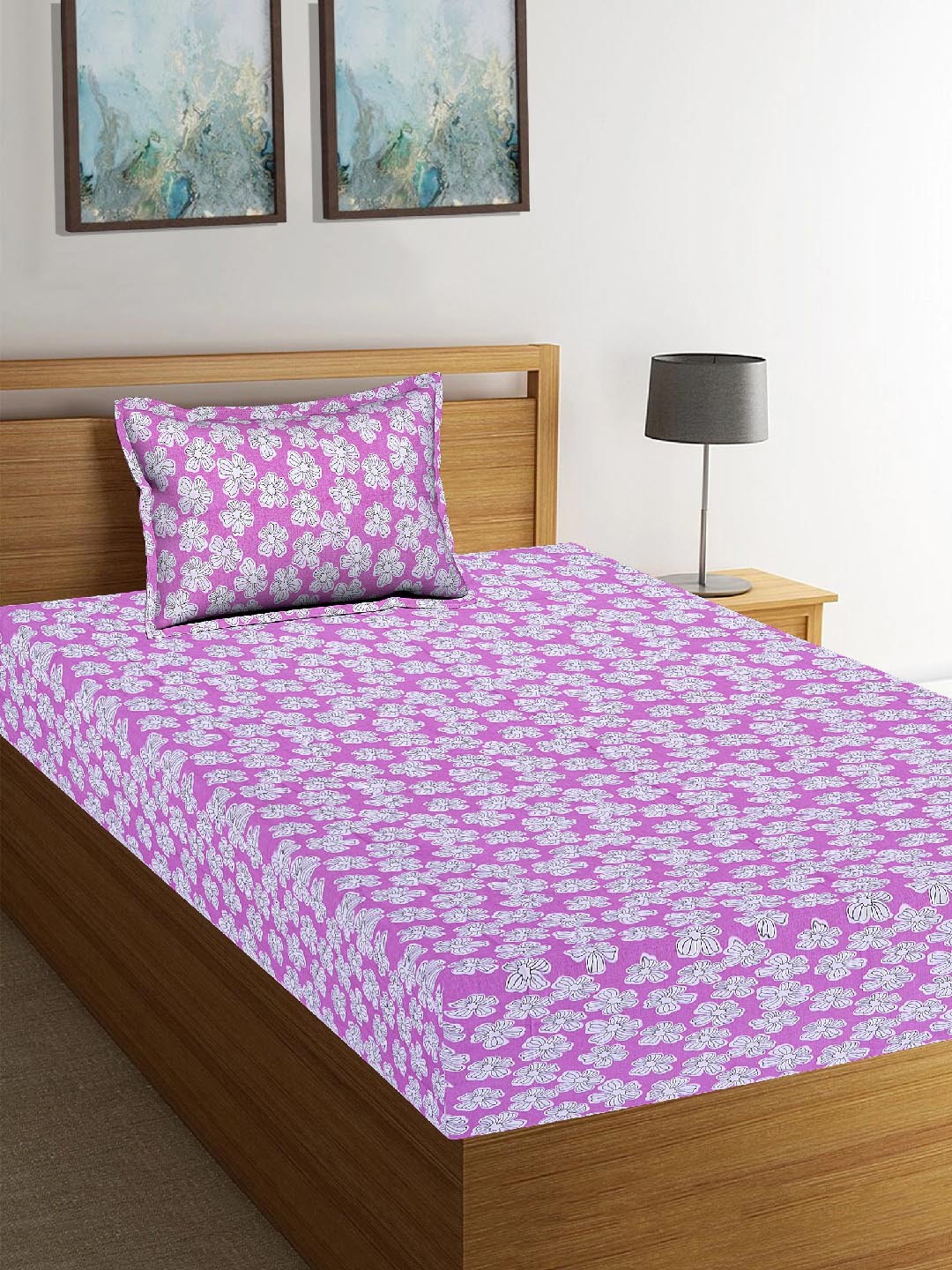 

Tistabene Purple & White Floral 180 TC Cotton 1 Single Bedsheet with 1 Pillow Covers
