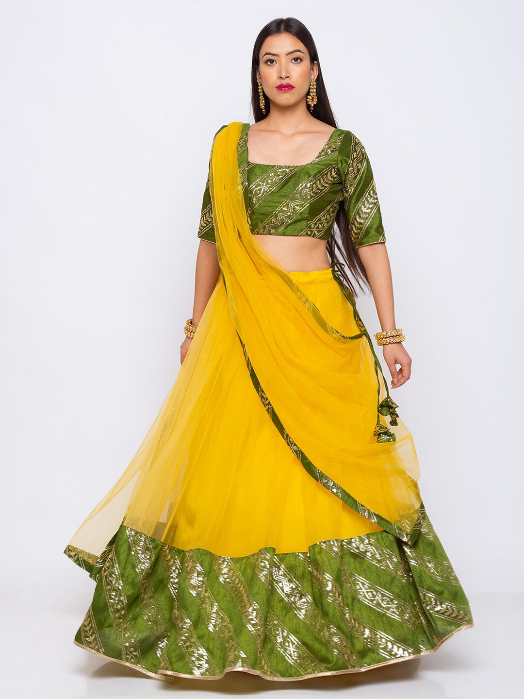 

6Y COLLECTIVE Yellow & Olive Green Semi-stitched Lehenga-unstitched blouse & dupatta