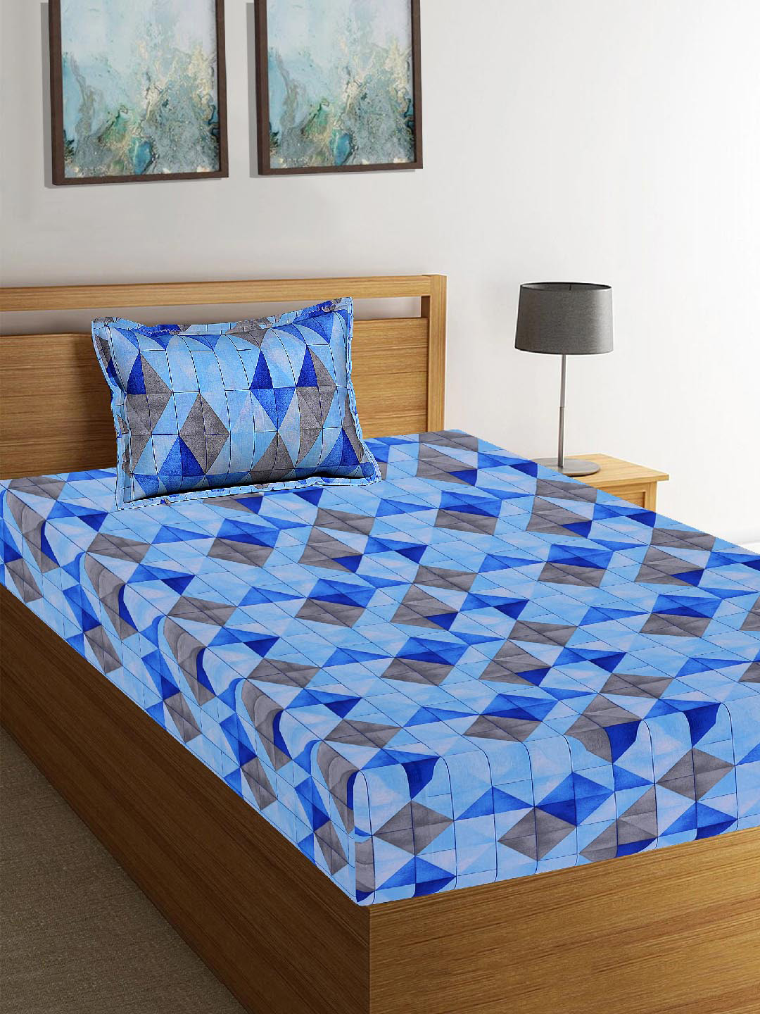 

Tistabene Blue & Brown Geometric 180 TC Cotton 1 Single Bedsheet with 1 Pillow Covers