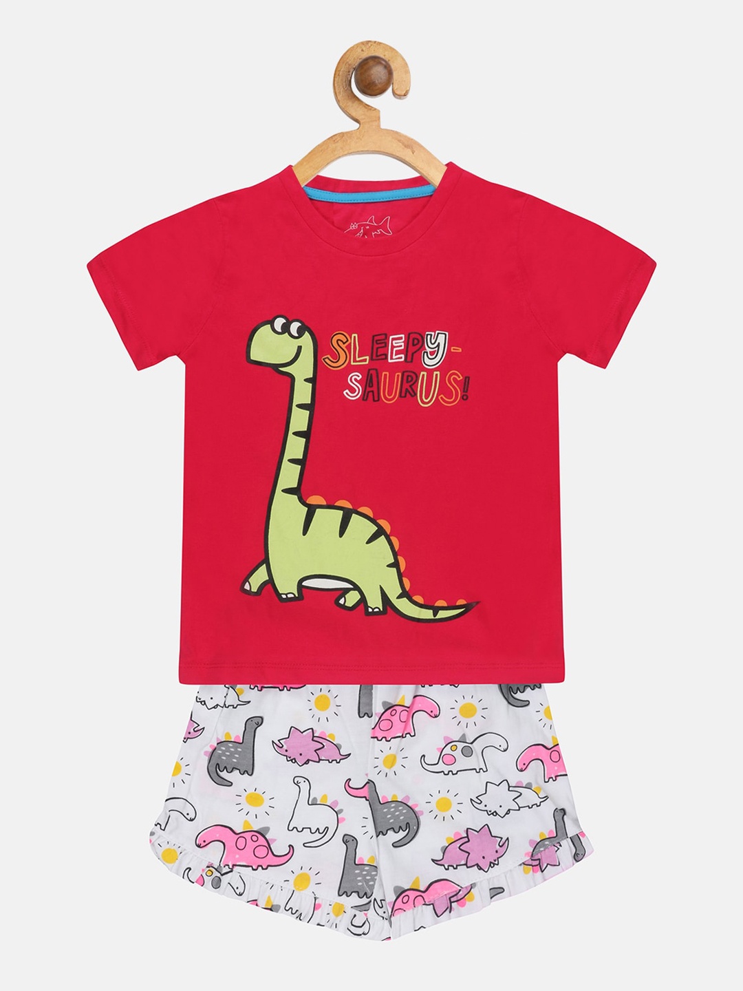 

Lazy Shark Girls Red & White Printed T-shirt with Shorts