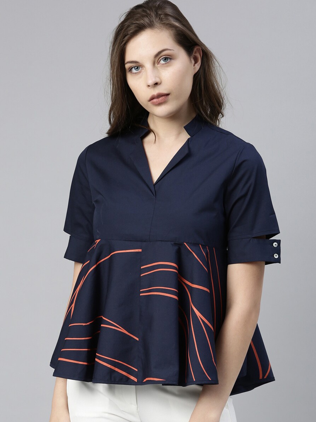 

Rareism Navy Blue Printed Mandarin Collar Pure Cotton Empire Top