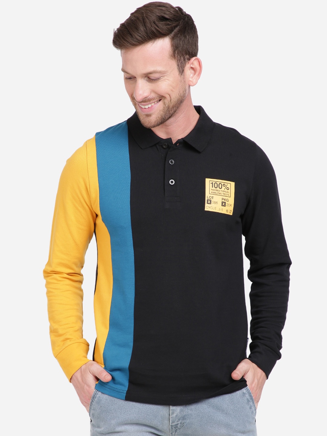 MASH UNLIMITED Men Black Colourblocked Polo Collar T-shirt