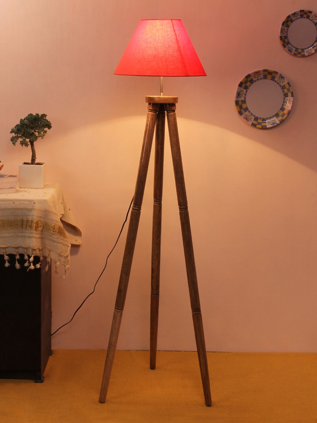 

Devansh Orange & Brown Solid Traditional Wooden Tripod Lamp