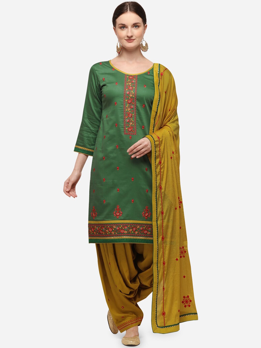 

SheWill Green & Mustard Yellow Cotton Blend Unstitched Dress Material