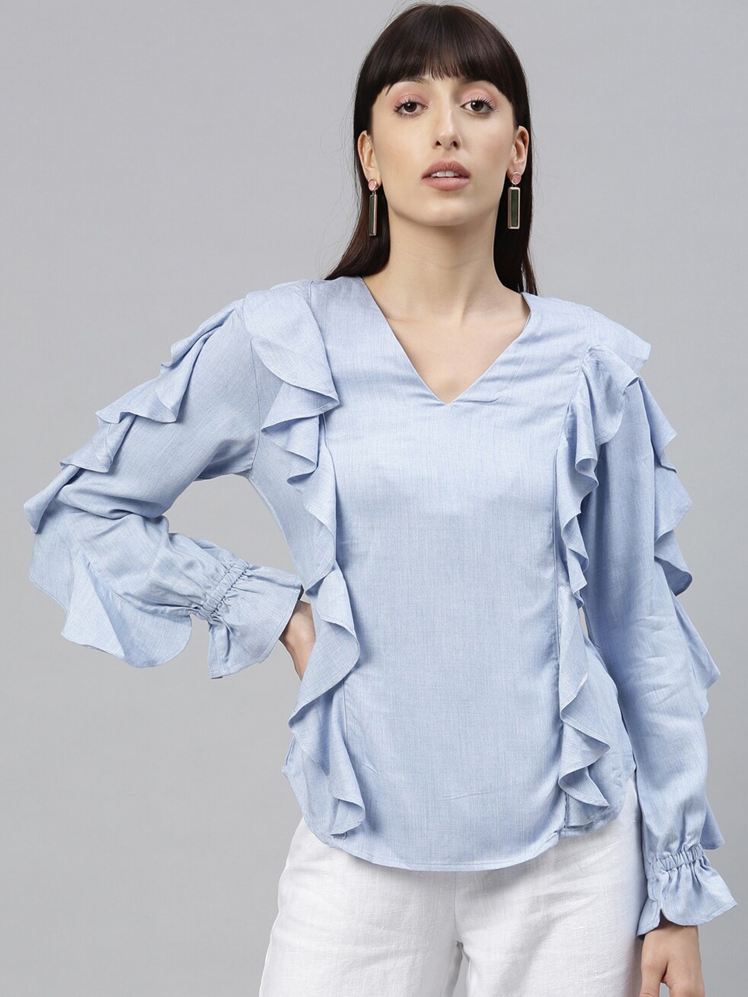 Rareism Blue Solid Regular Top