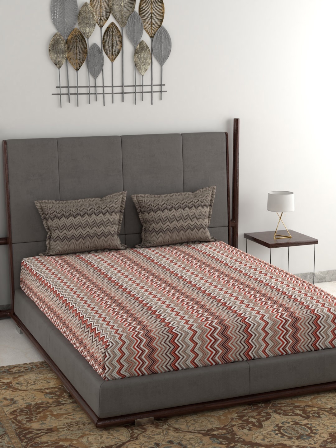 

MYTRIDENT Red Brown Geometric 120 TC Cotton 1 Queen Bedsheet with 2 Pillow Covers