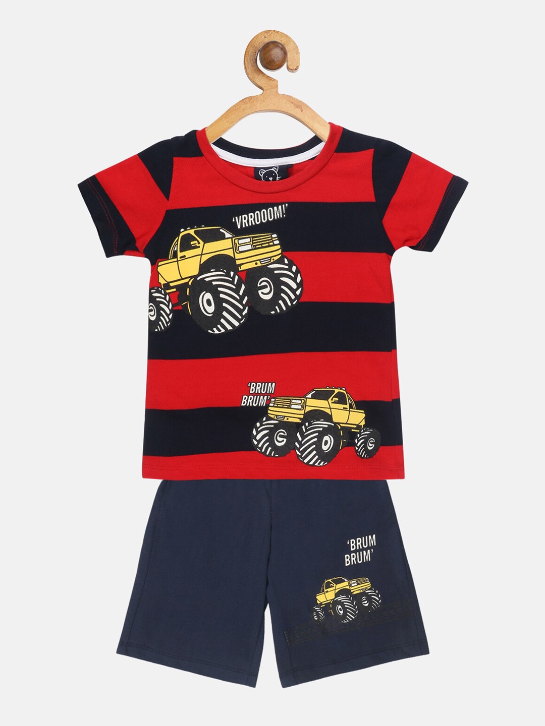 

Lazy Shark Boys Red & Navy Blue Striped T-shirt with Shorts