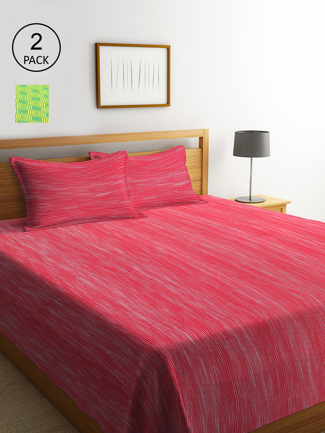 

KLOTTHE Set Of 2 Striped Double King Bed Covers with 4 Pillow Covers, Green