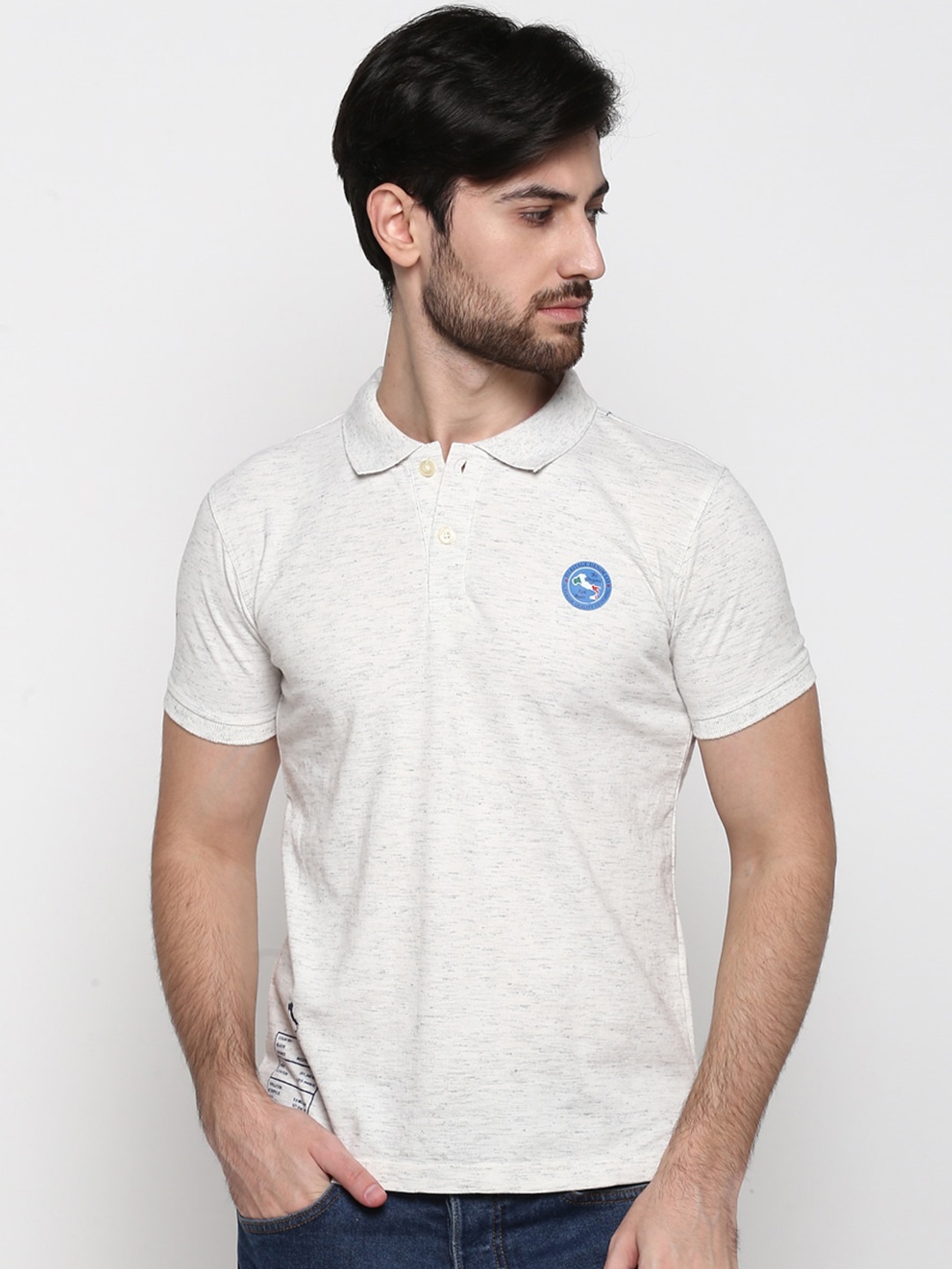 

Cantabil Men Off-White Self Design Polo Collar T-shirt