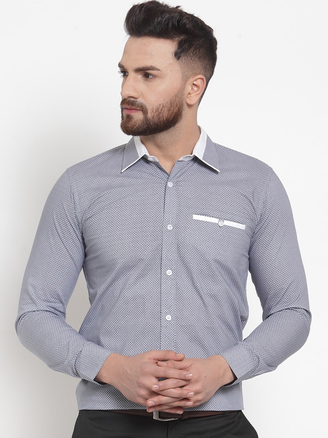 

Purple State Men Grey & White Printed Cotton Slim Fit Casual Shirt