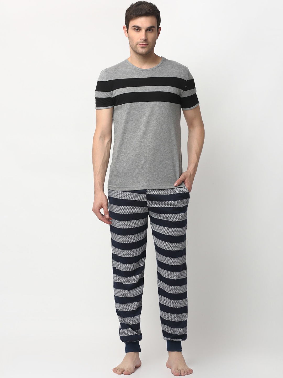 

VIMAL JONNEY Men Grey Melange & Navy Blue Striped Night Suit