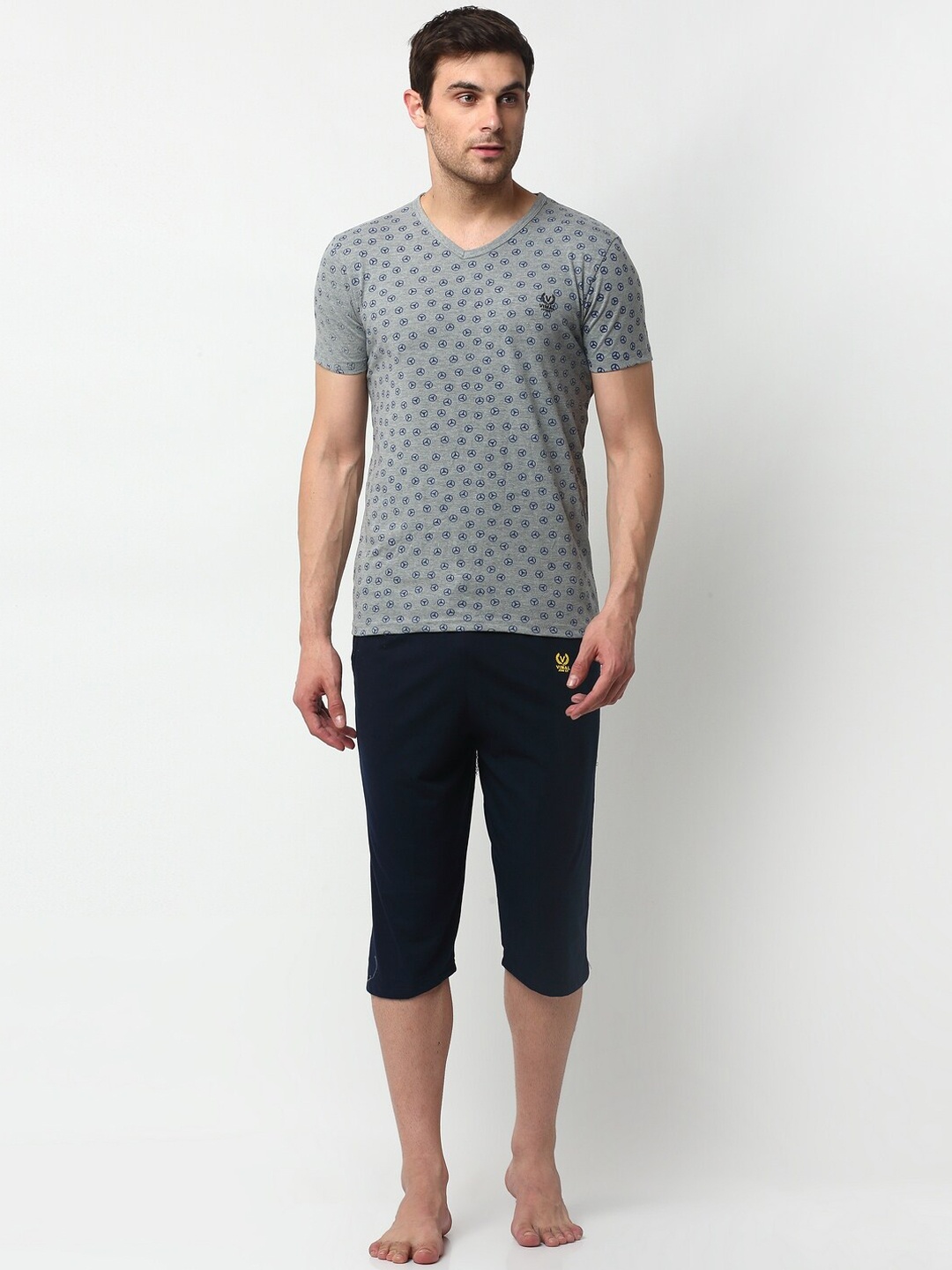 

VIMAL JONNEY Men Grey Melange & Navy Blue Printed Night suit