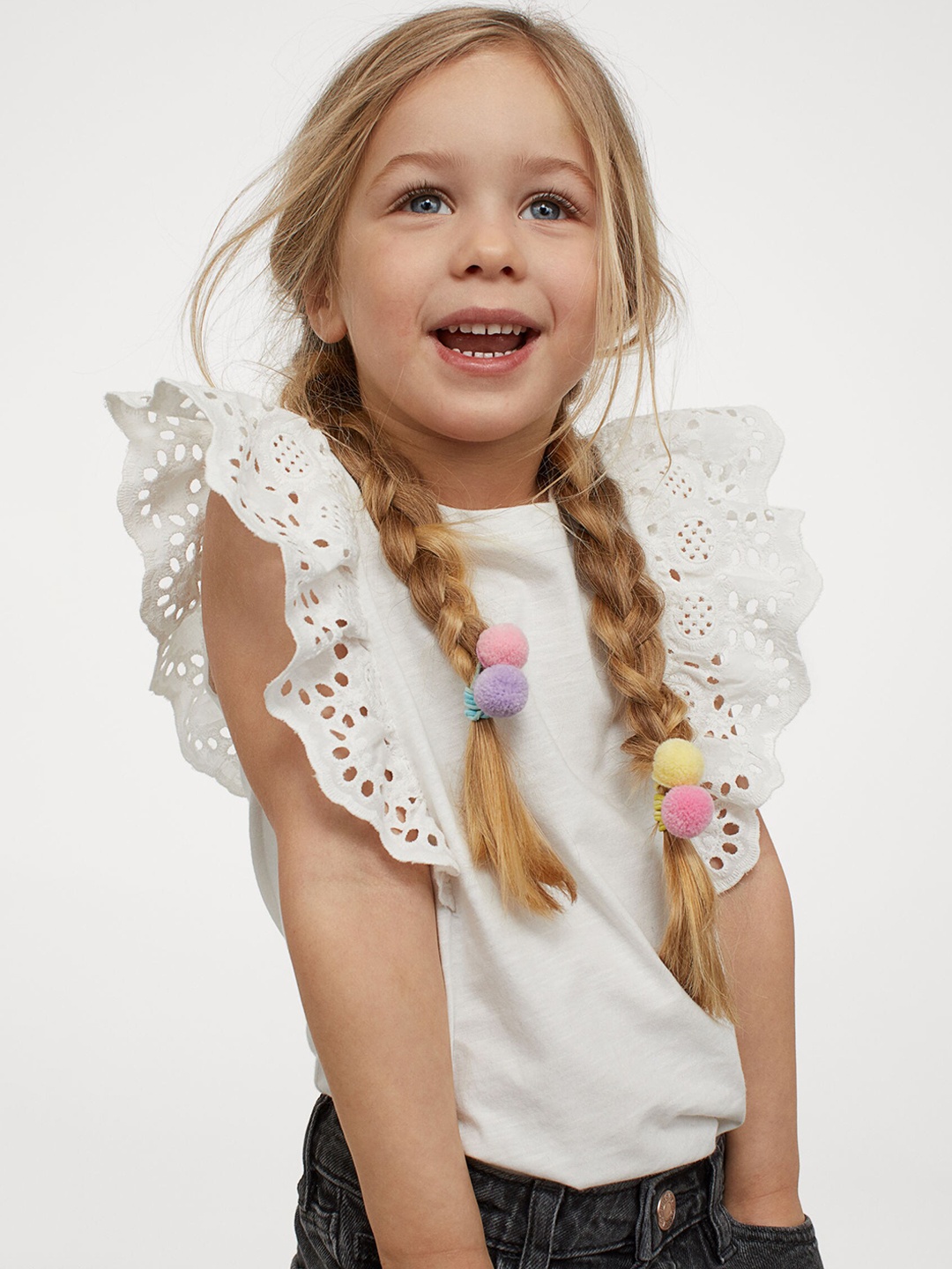 

H&M Girls White Solid Broderie anglaise-detail top