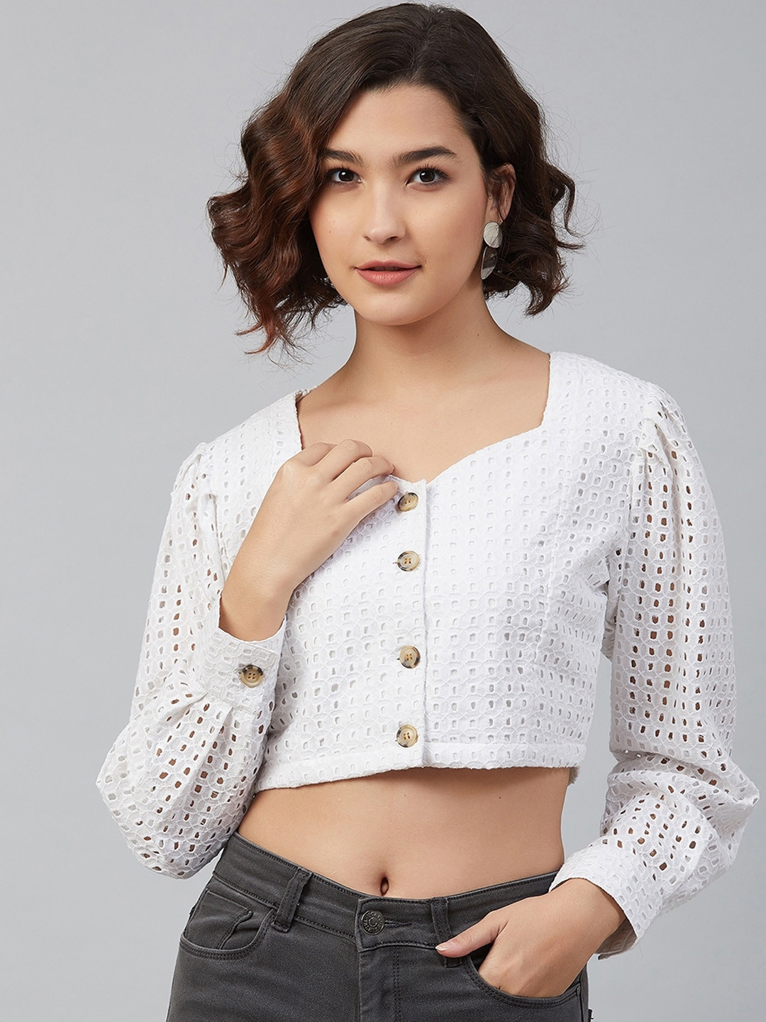 

Marie Claire White Puff Sleeves Pure Cotton Schiffli Crop Top