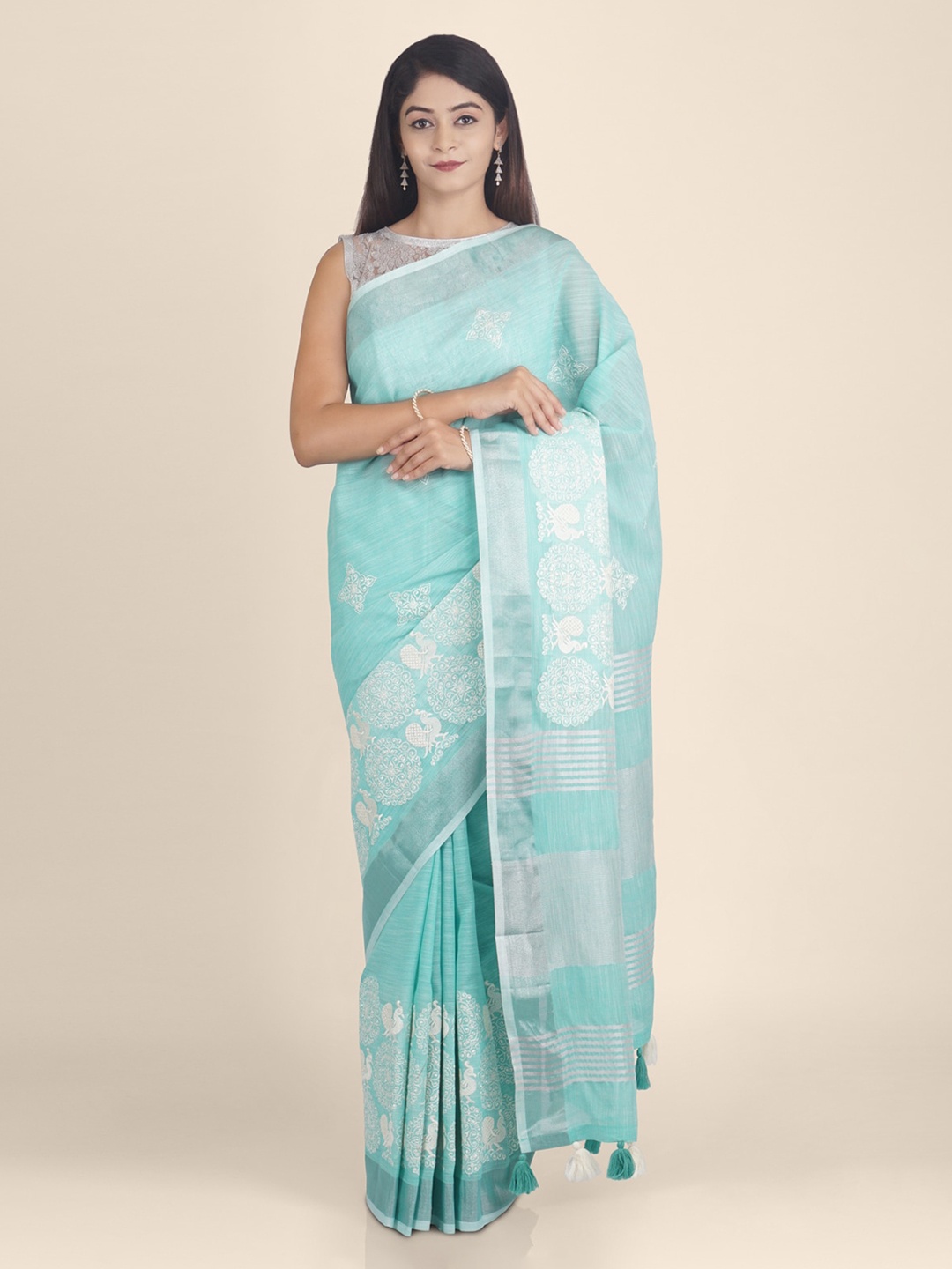 

KAJREE Sea Green & Off-White Pure Linen Woven Design Handloom Saree