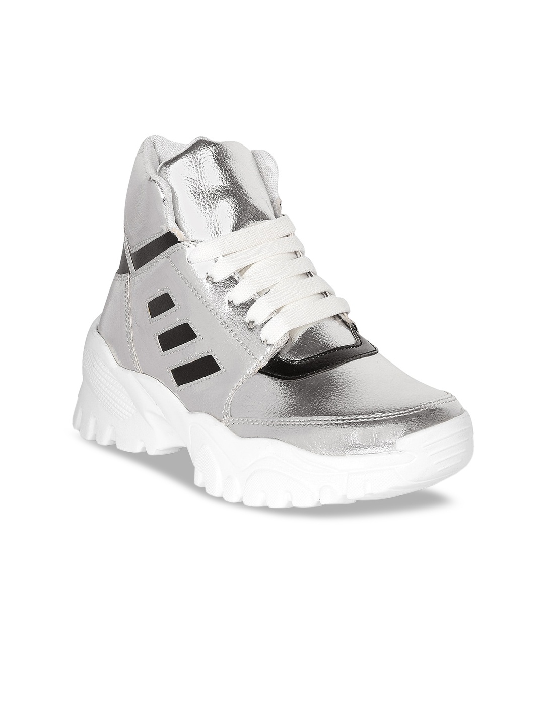 

Zapatoz Women Silver-Toned Solid High-Top Sneakers