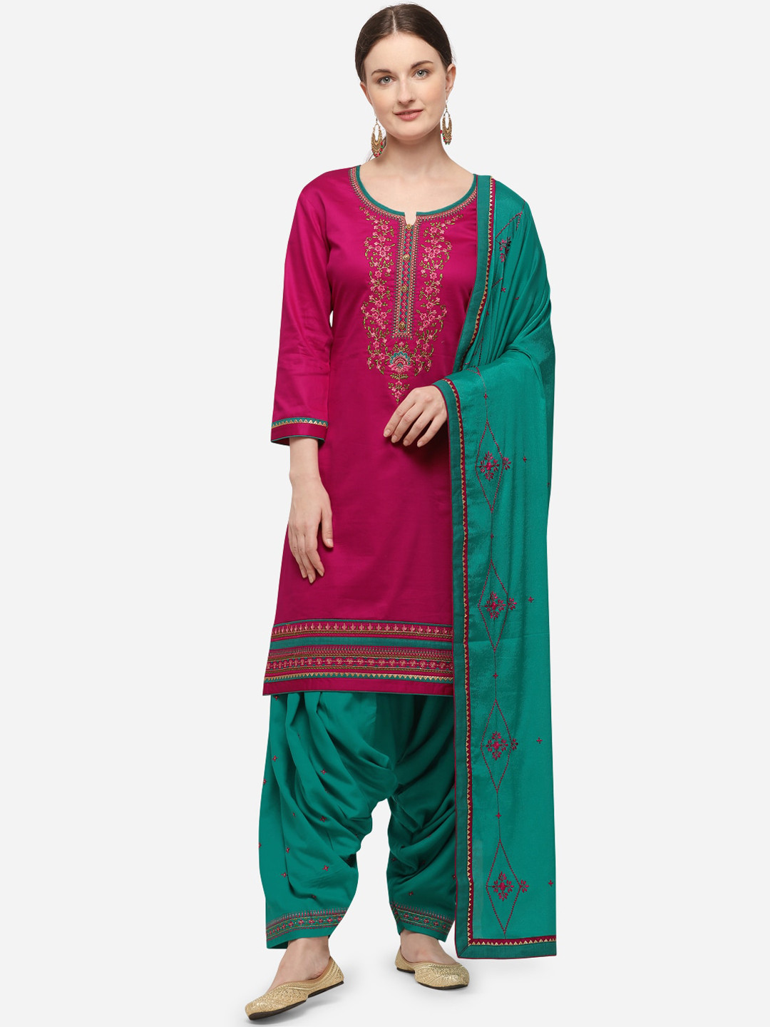 

SheWill Sea Green & Pink Cotton Blend Unstitched Dress Material