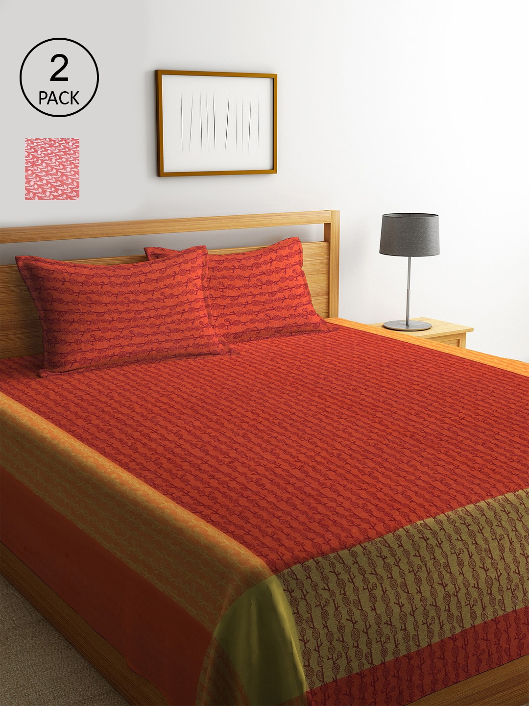 KLOTTHE Red & Pink Set of 2 Woven-Design Double Bed Covers With 4 Pillow Covers