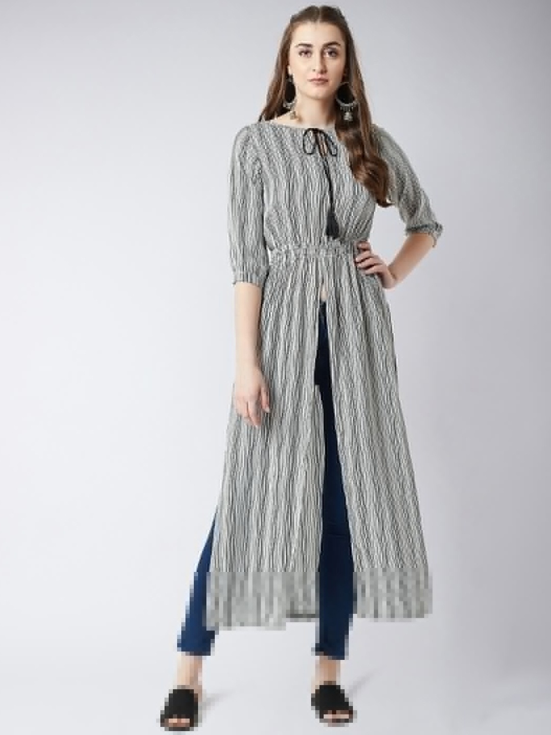 

Miss Chase Black & White Striped Tie-Up Neck Crepe Maxi Longline Top