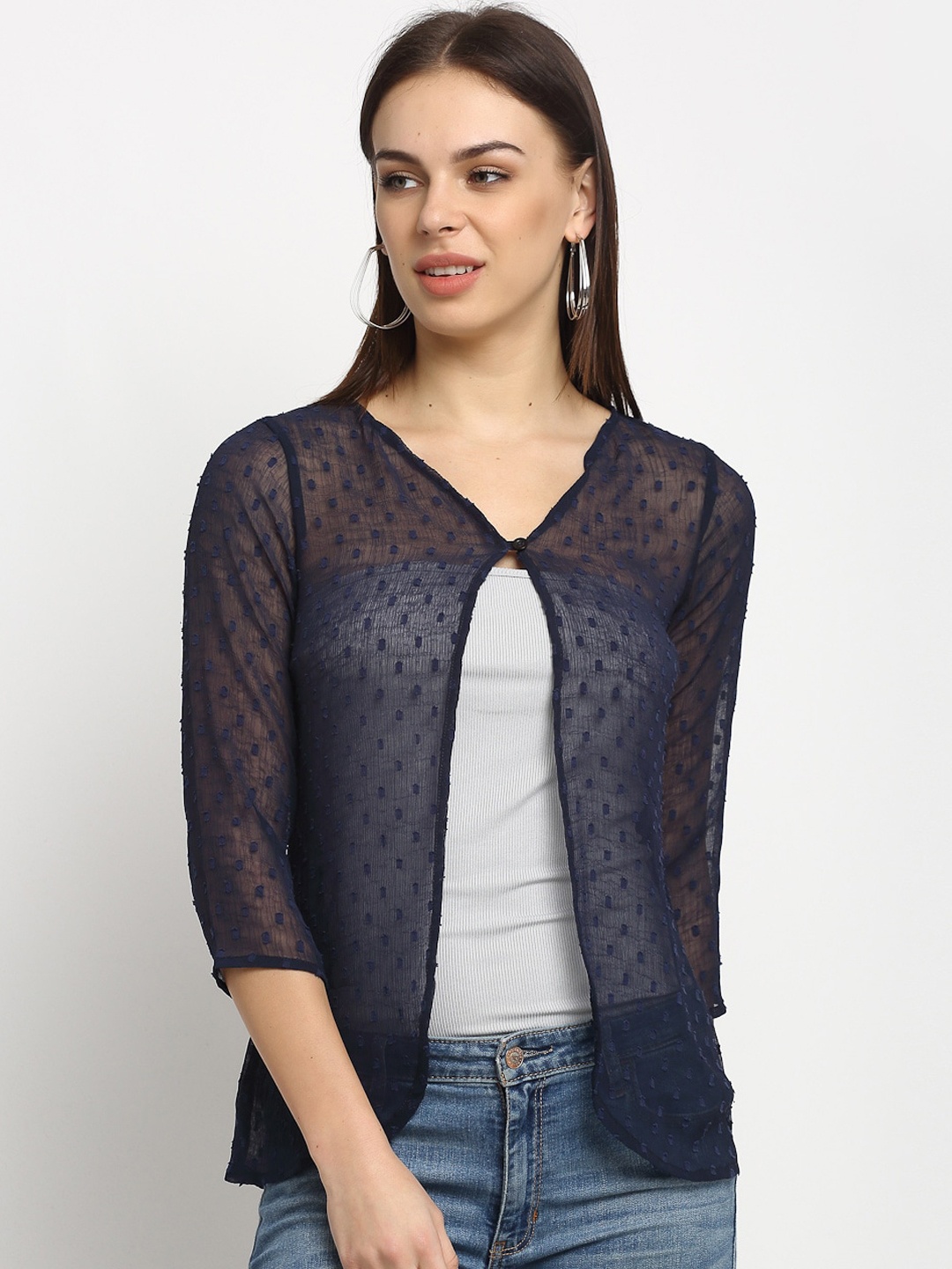 

Rute Women Navy Blue Self Design Open Front Shrug