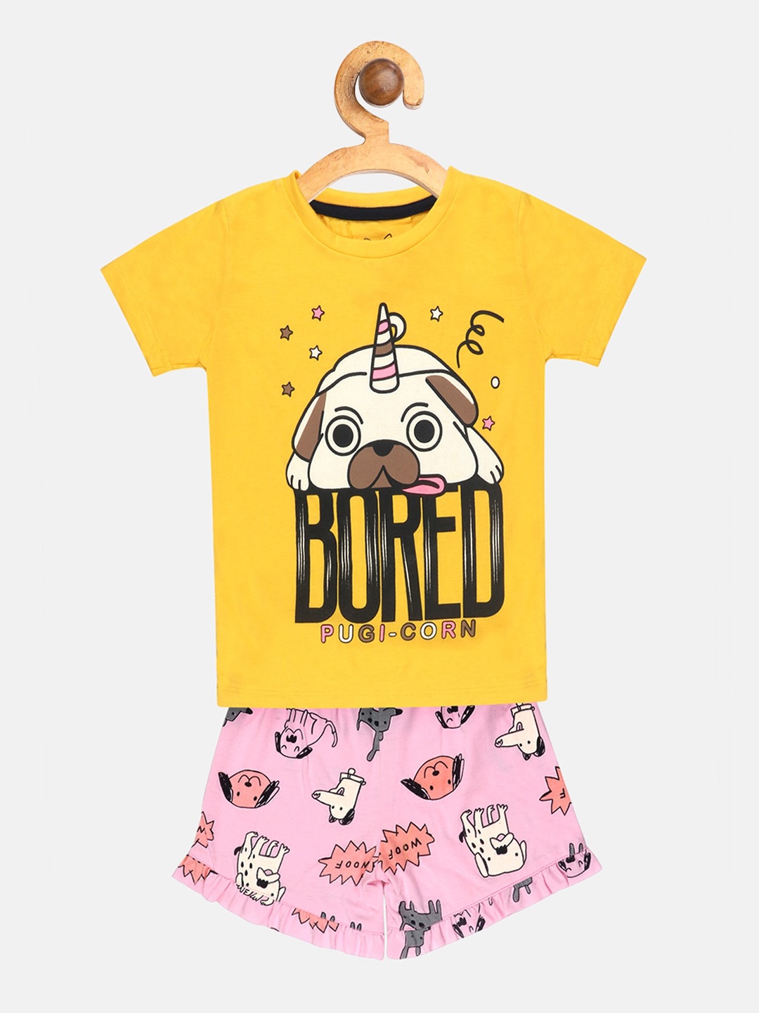 

Lazy Shark Girls Yellow & Pink Printed T-shirt with Shorts