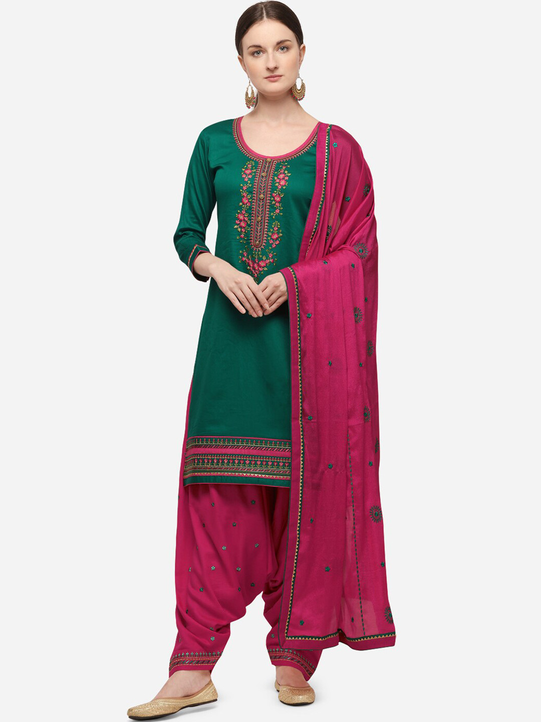 

SheWill Green & Pink Cotton Blend Unstitched Dress Material