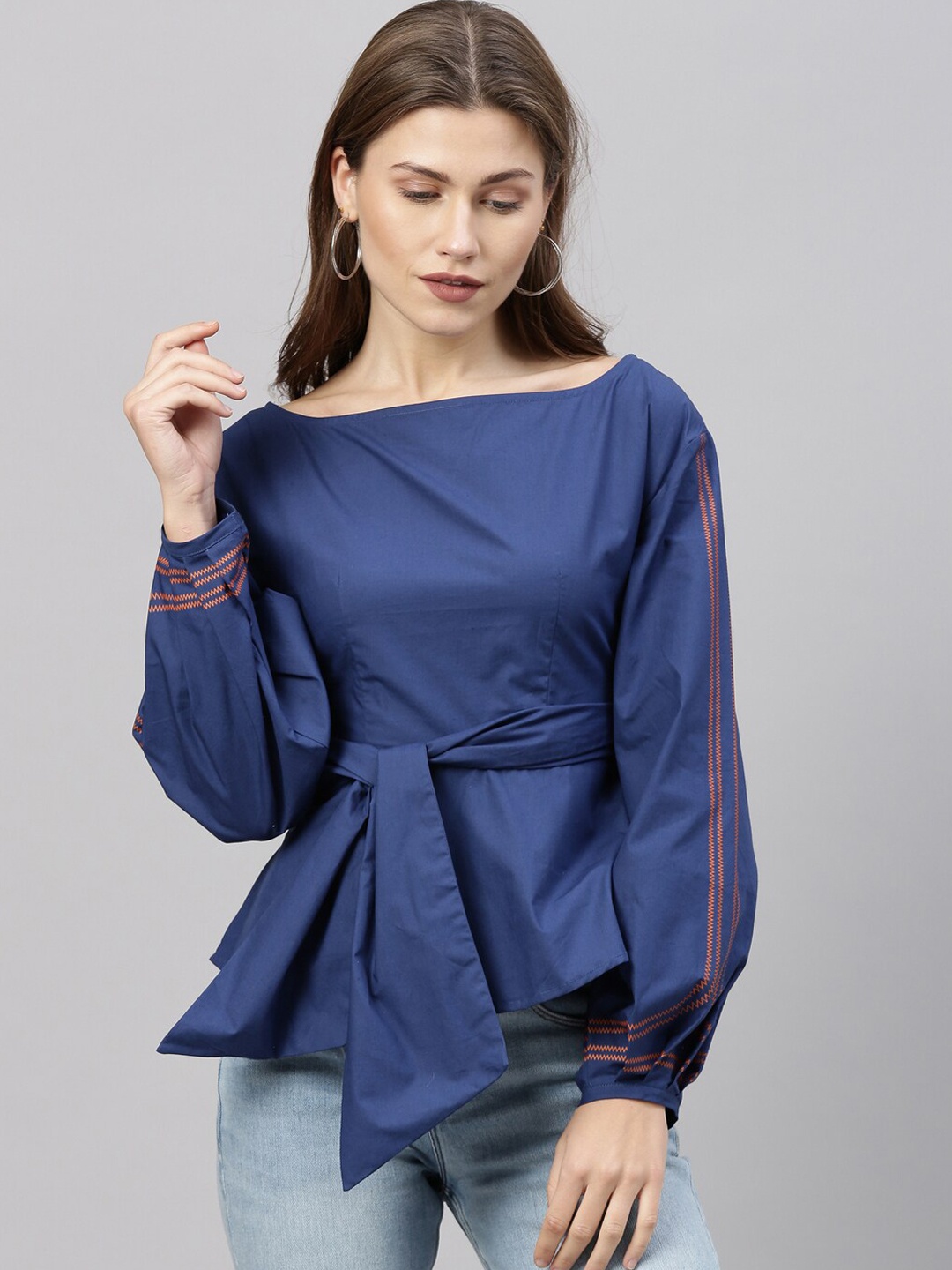 

Rareism Women Blue Bishop Sleeves Pure Cotton Cinched Waist Top