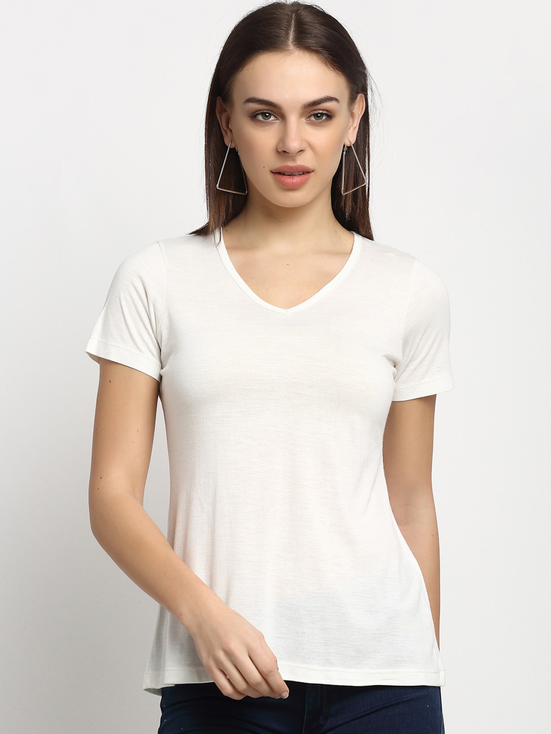 

Rute Women White Solid V-Neck Cotton Pure Cotton T-shirt