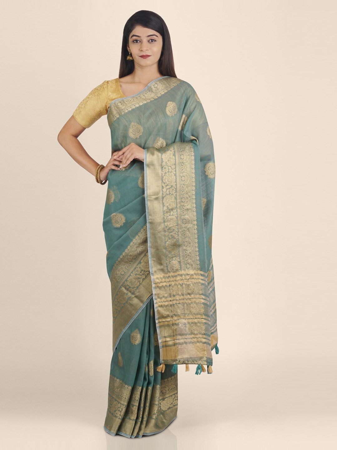 

KAJREE Green & Gold-Toned Pure Linen Woven Design Tussar Saree