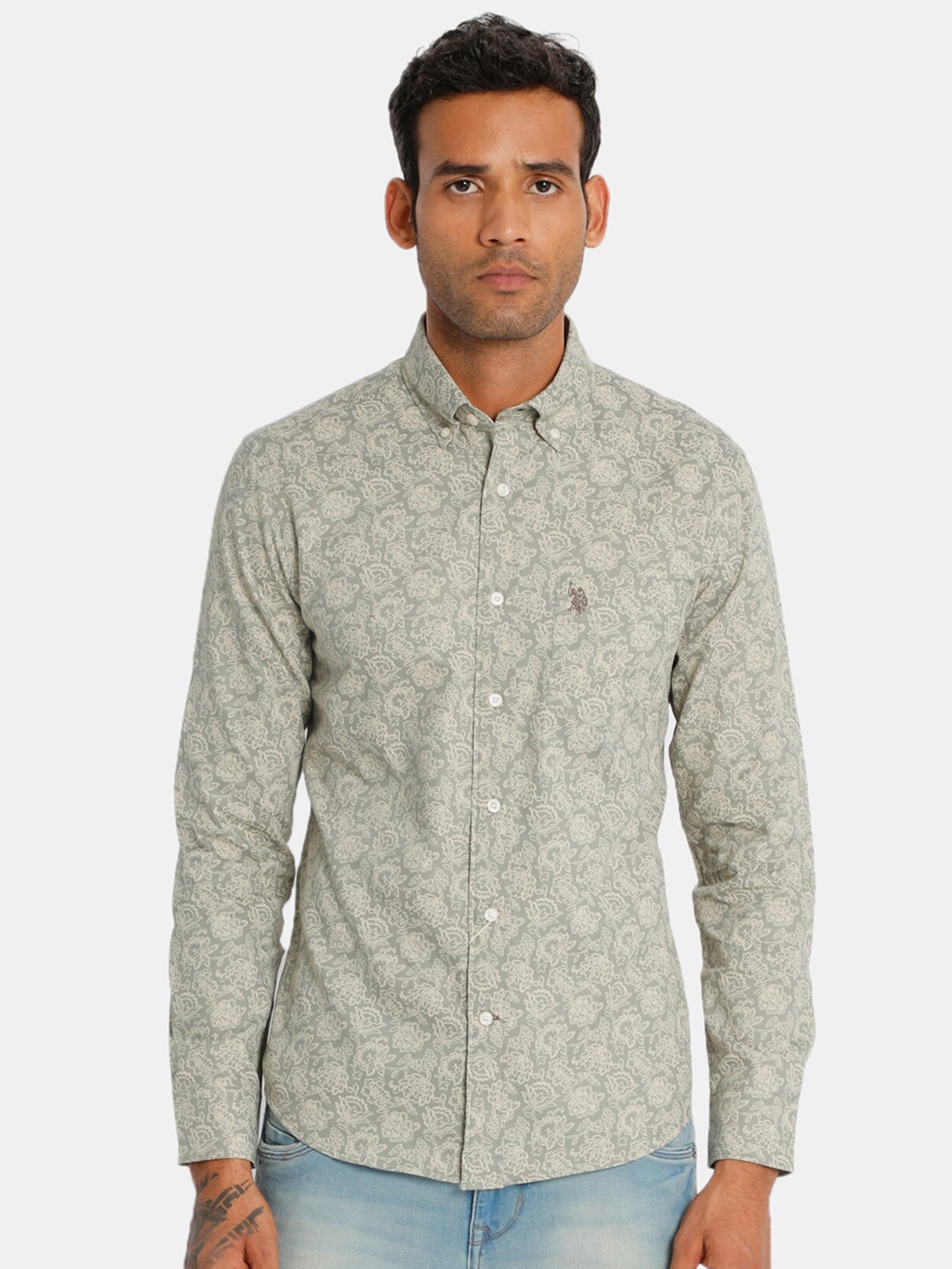 

U.S. Polo Assn. Men Green Regular Fit Printed Cotton Casual Shirt
