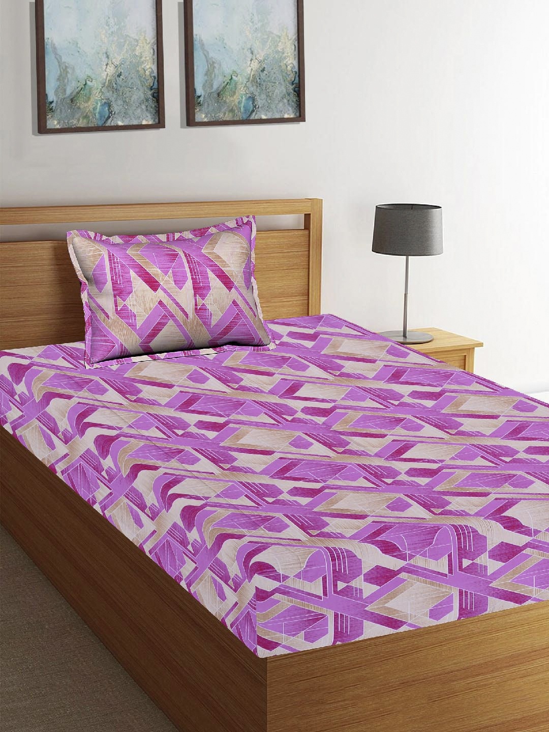 

Tistabene Purple & Beige Geometric 180 TC Cotton 1 Single Bedsheet with 1 Pillow Cover