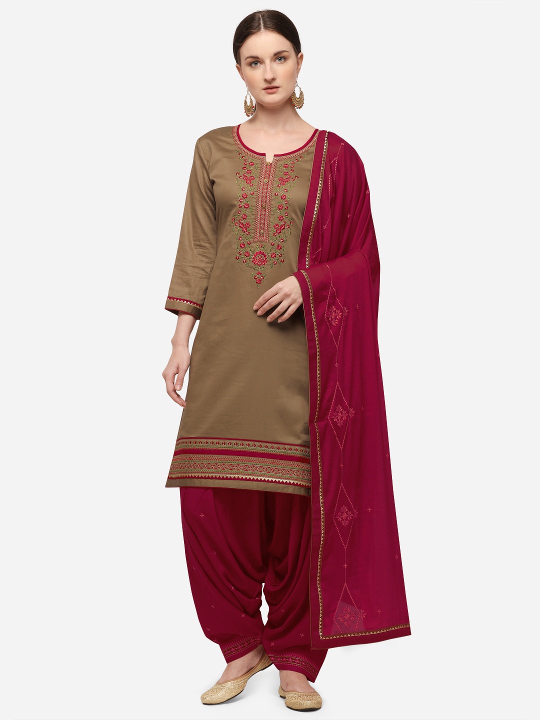 

SheWill Olive Green & Pink Cotton Blend Unstitched Dress Material