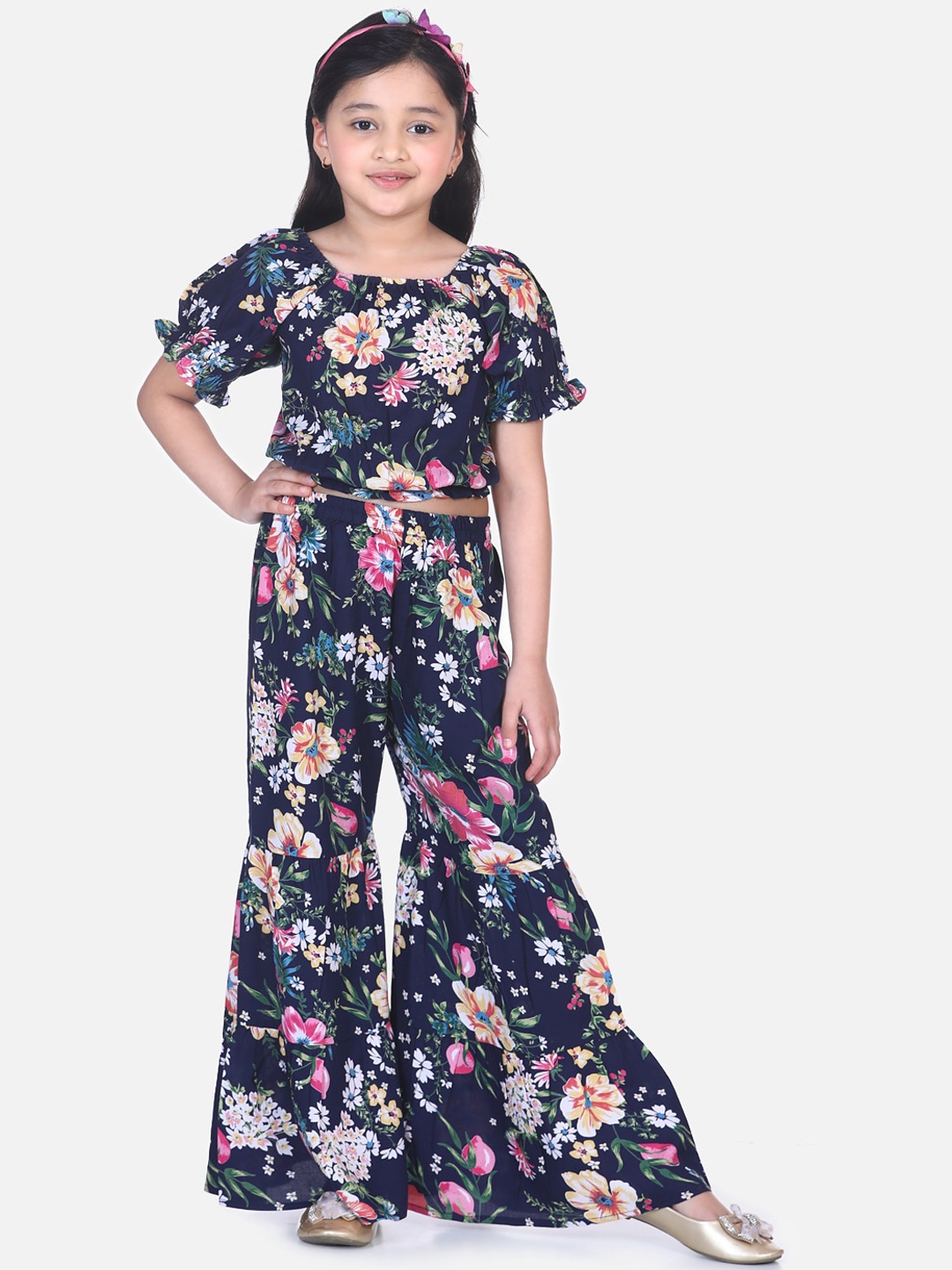 

LilPicks Girls Navy Blue & Pink Printed Top with Palazzos