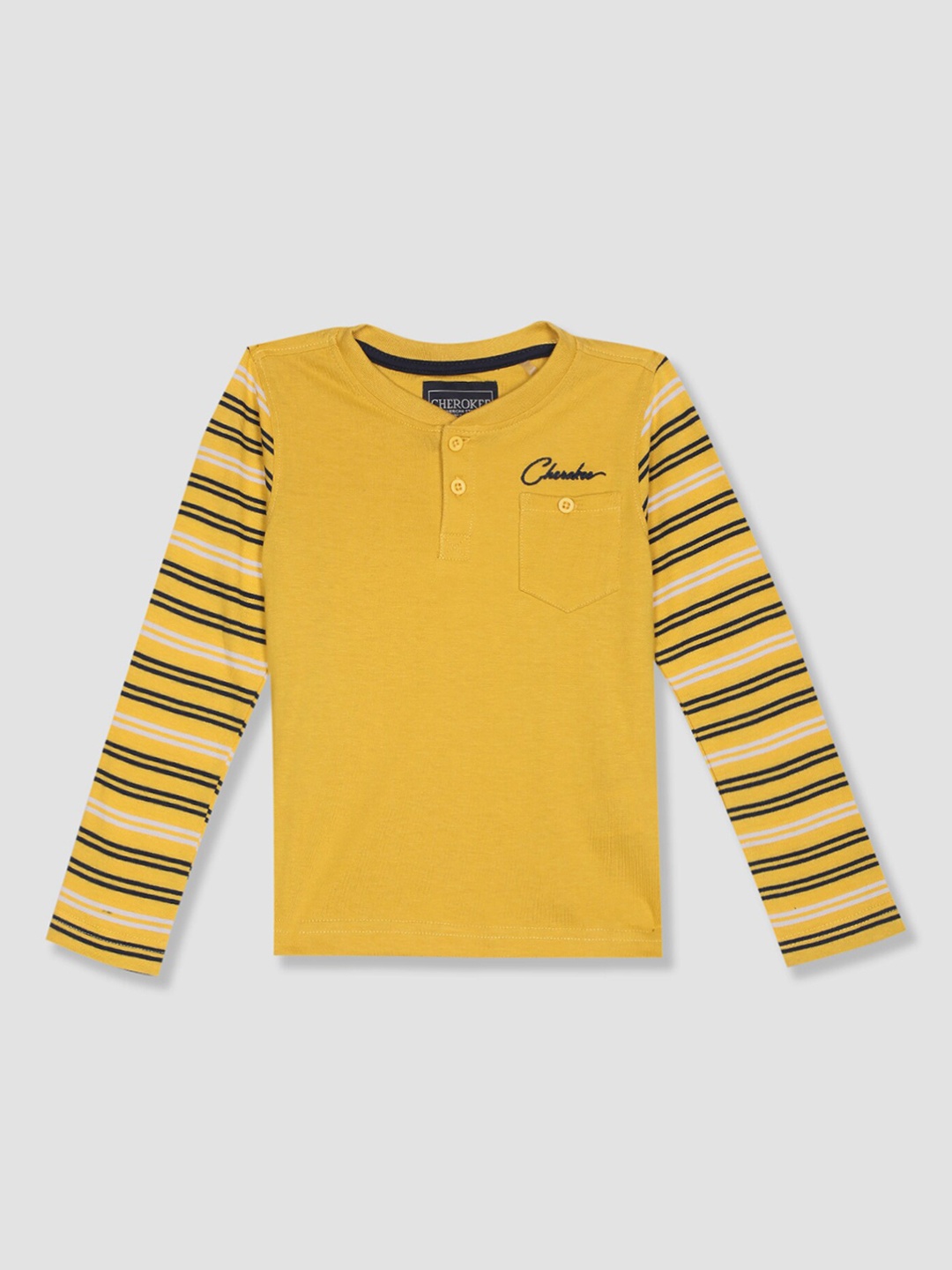 

Cherokee Boys Mustard Yellow & Black Striped Henley Neck T-shirt