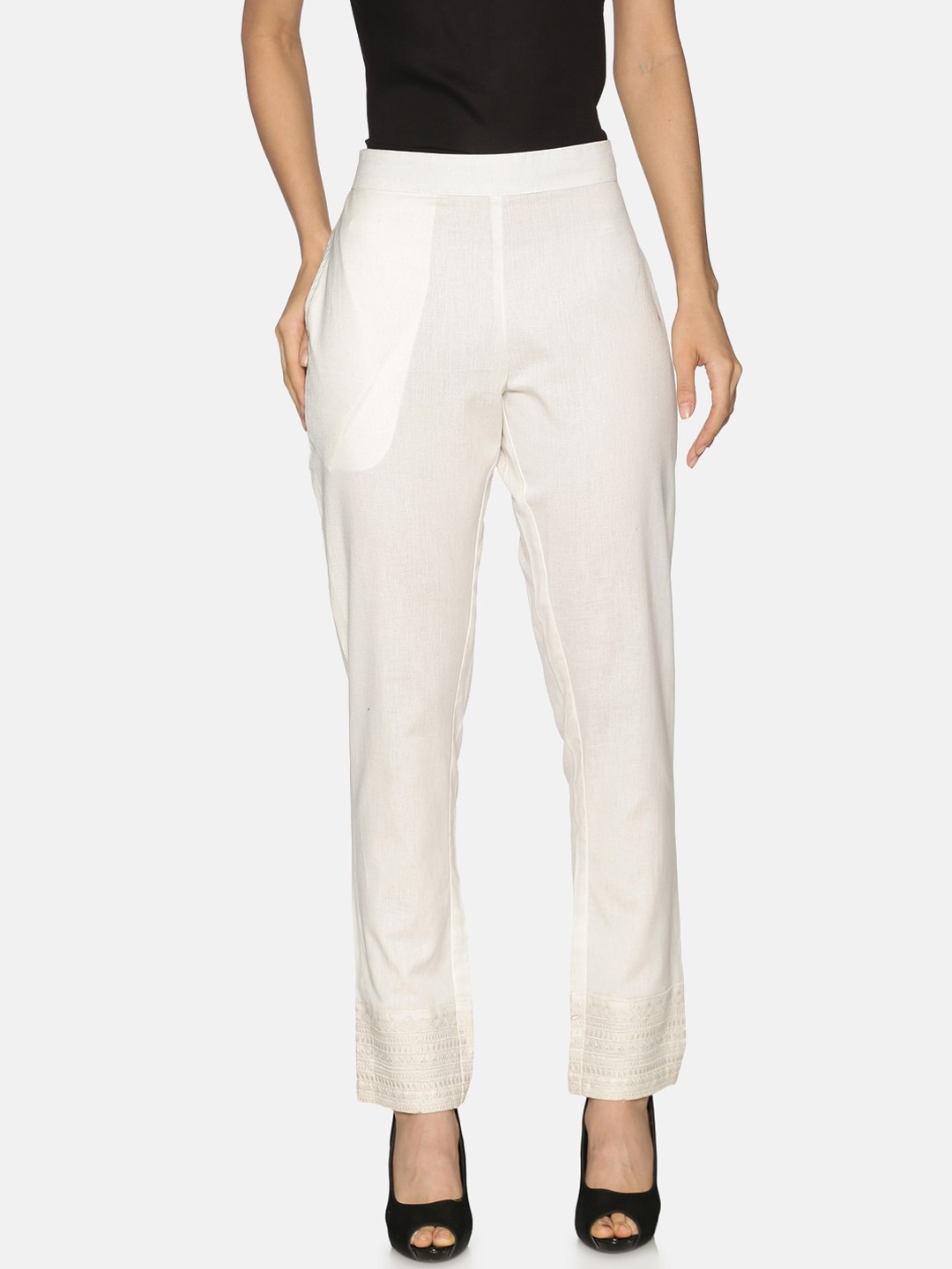 

Saffron Threads Women Off-White Chikankari Embroidered Regular Trousers