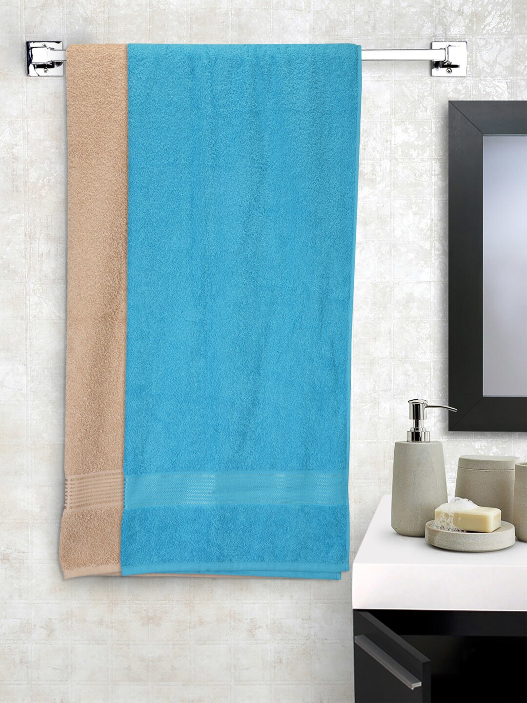 KOPA Set Of 2 Turquoise Blue & Beige Solid 380 GSM Cotton Bath Towels