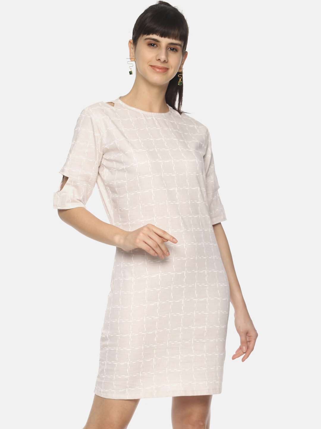 

COUPER & COLL Women Cream-Coloured Checked Cotton Sheath Dress