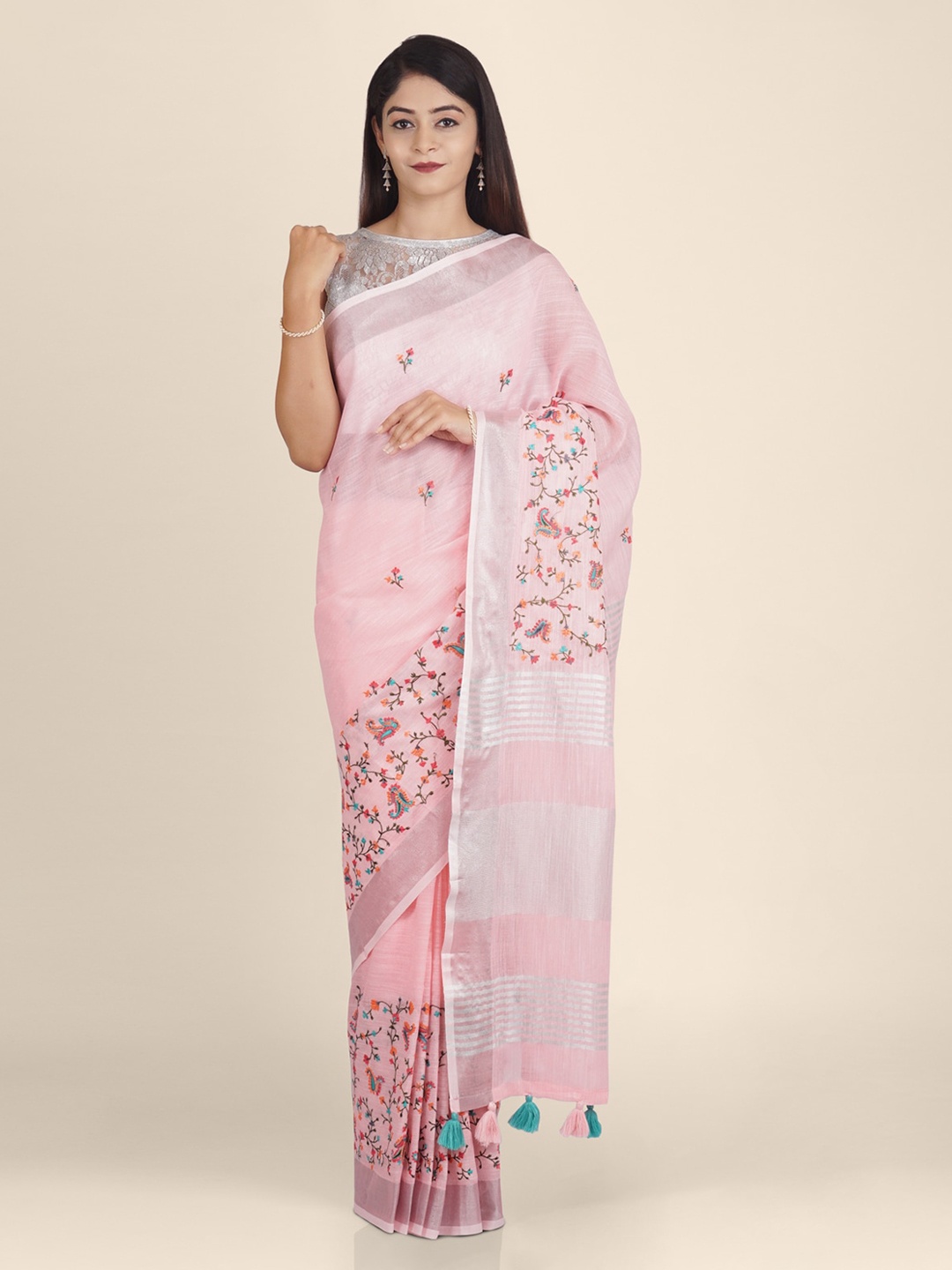 KAJREE Pink Printed Pure Linen Handloom Saree