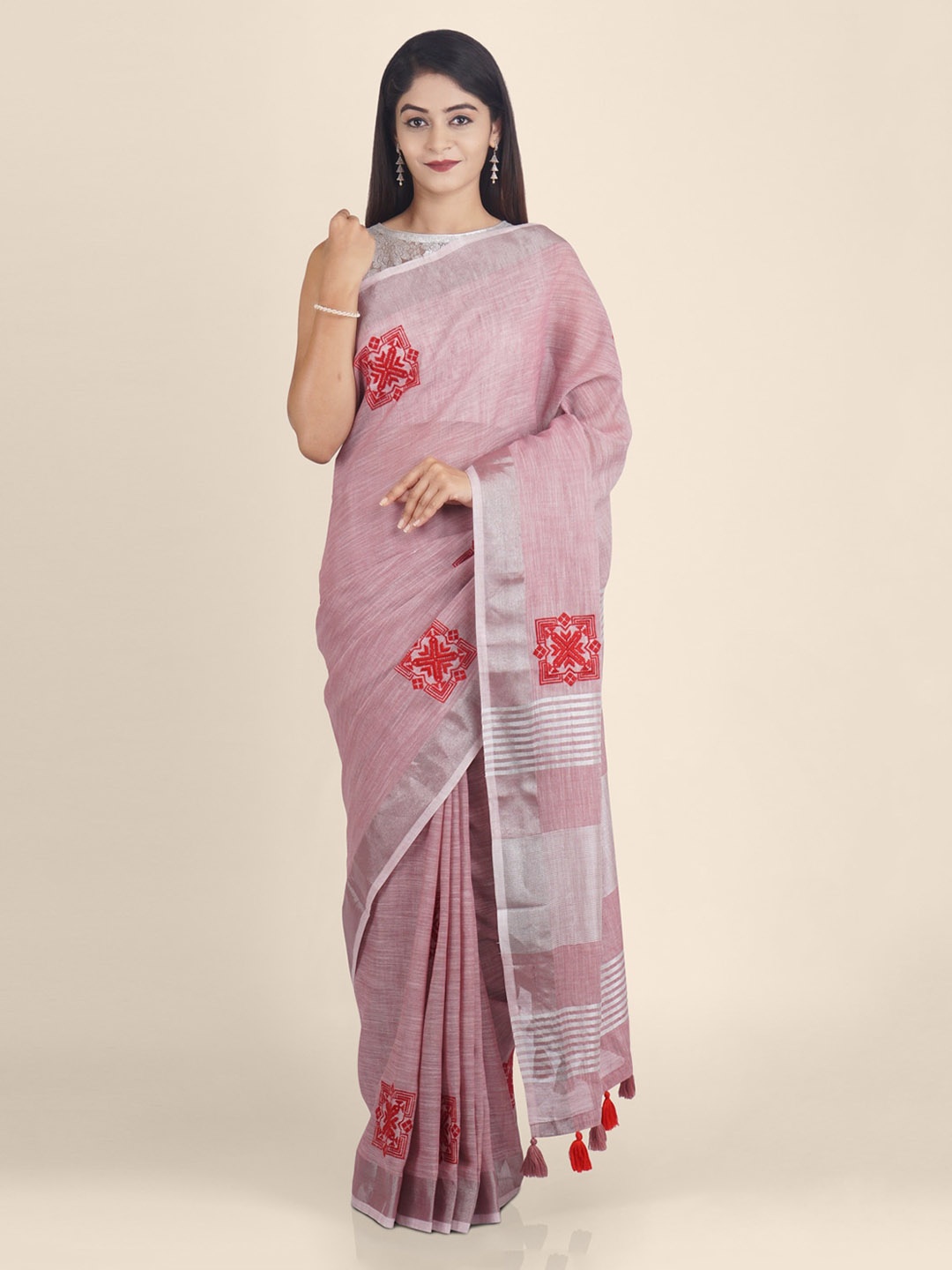 

KAJREE Mauve & Silver-Toned Pure Linen Woven Design Saree